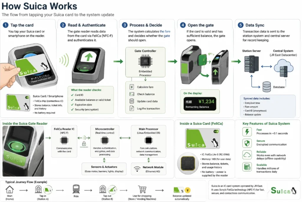 Diagram showing how the Suica card system works inside Japanese transit gates