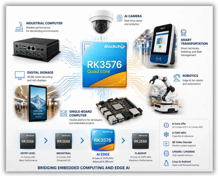 Rockchip RK3576 processor applications including AI cameras, industrial computers, robotics, digital signage, transportation systems, and single-board computers