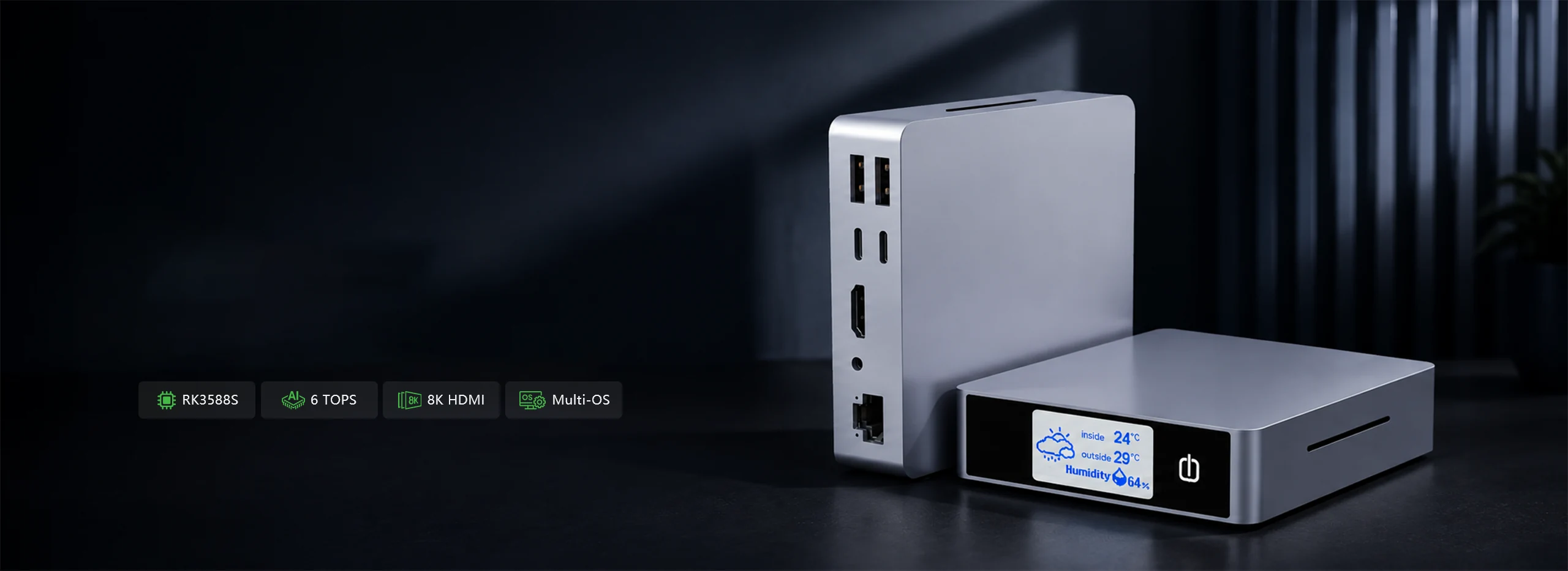 Kiwi Box 2 RK3588S mini PC with 6 TOPS NPU, front display and multiple ports