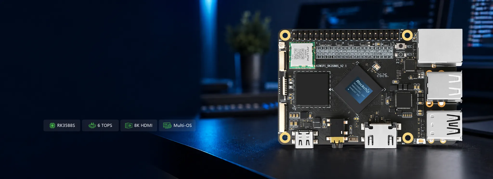 KiwiPi 5 RK3588S single-board computer with a 40-pin GPIO header and 6 TOPS NPU