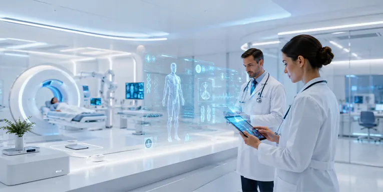 Doctors using AI-assisted medical imaging and digital diagnostics in a smart hospital