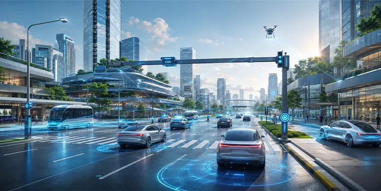 AI-powered smart transportation with connected vehicles, traffic signals and drones