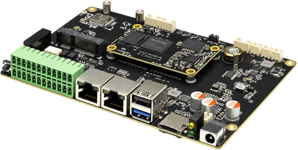 Firefly AIO-3562JQ board with iCore-3562JQ module, dual Ethernet ports and terminal block