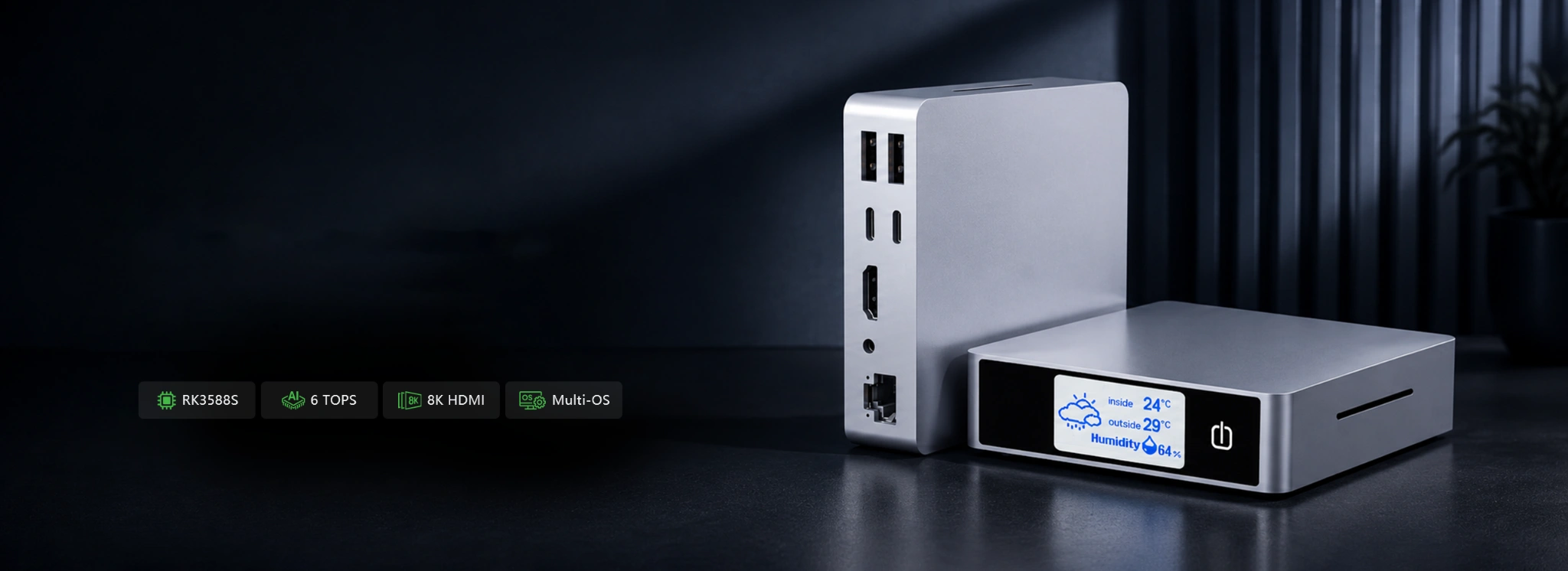 Kiwi Box 2 RK3588S mini PC with 6 TOPS NPU, front display and multiple ports
