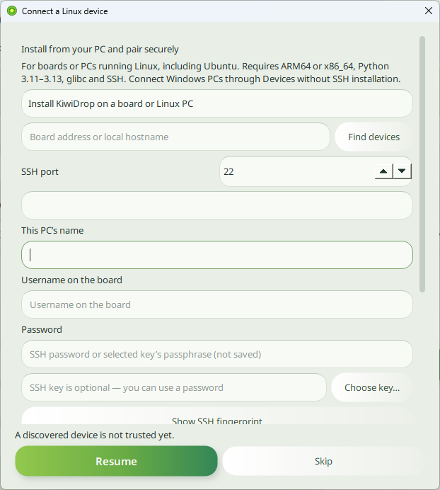 KiwiDrop Linux installation dialog on Windows for connecting a KiwiPi board