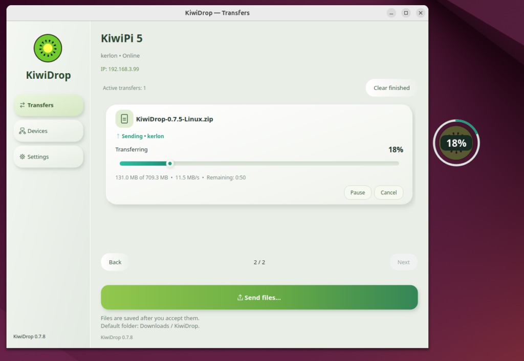 KiwiDrop file transfer progress on Linux with a desktop widget indicator
