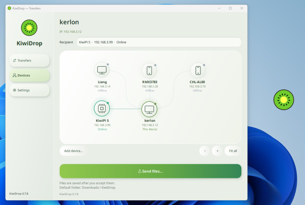 KiwiDrop device map on Windows with a paired KiwiPi 5 running Linux
