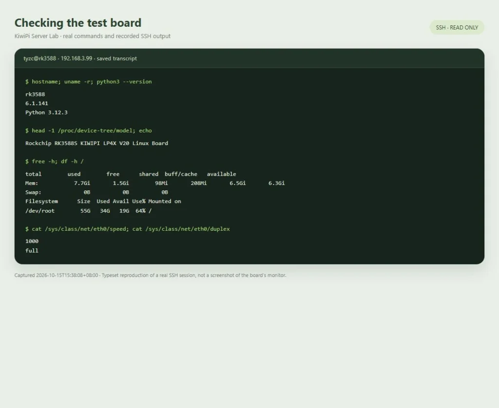 Recorded SSH output identifying the test board, Linux kernel, Python version, memory, storage, and Ethernet connection.