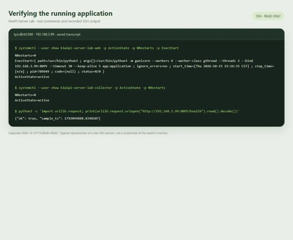 Recorded SSH output checking Gunicorn, the lab services, and the health endpoint.