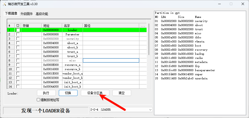 RKDevTool Download Image page showing the Device Partition Table button and an Android partition layout