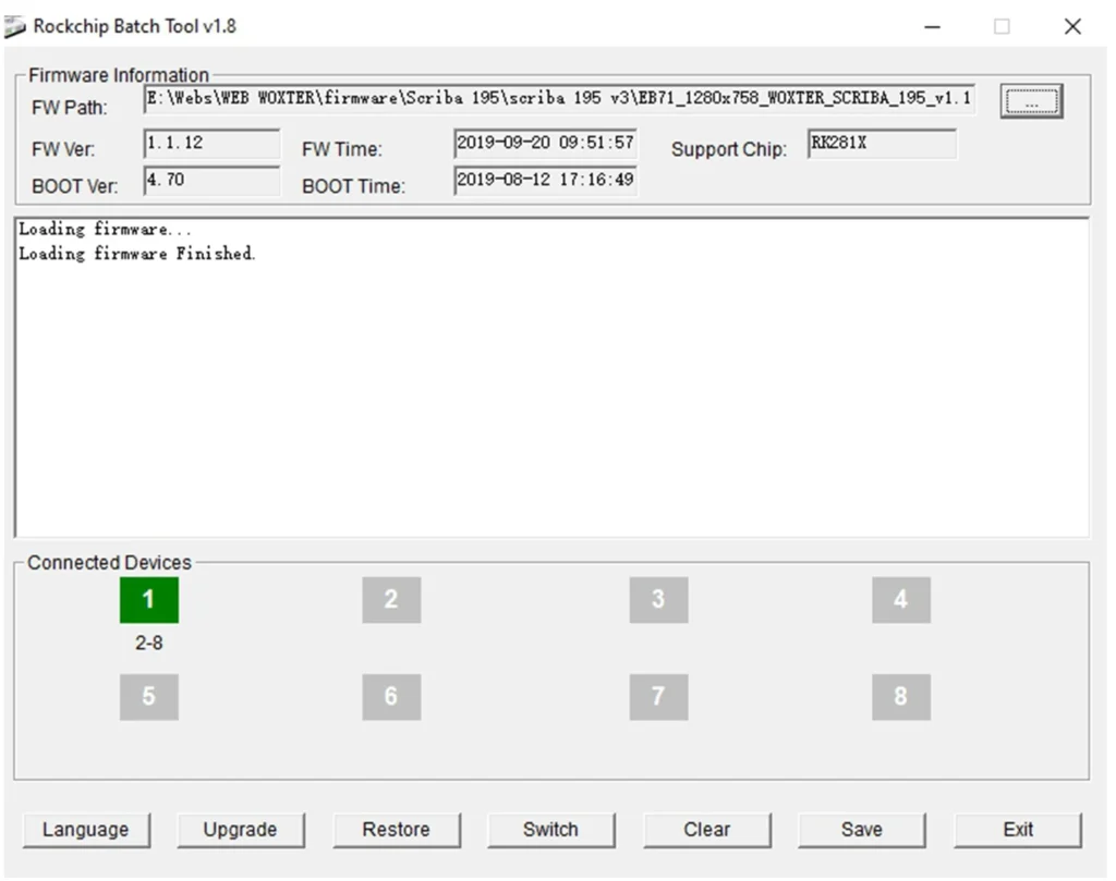 Rockchip Batch Tool with firmware loaded and a green device indicator