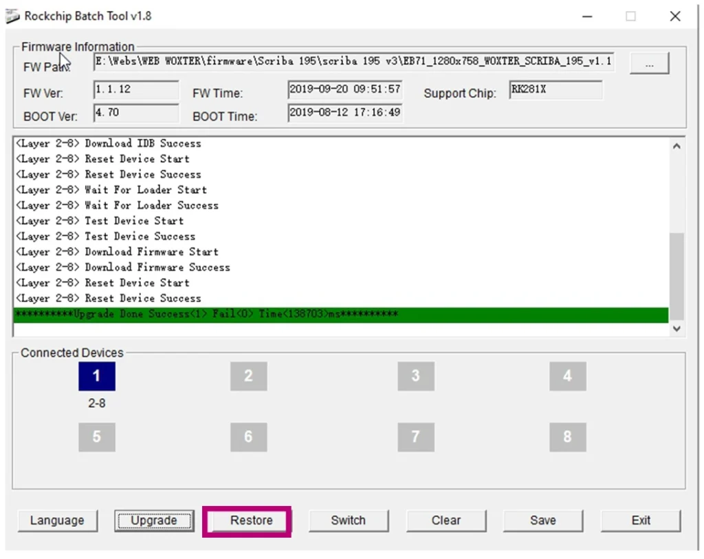 Rockchip Batch Tool log showing a successful firmware write